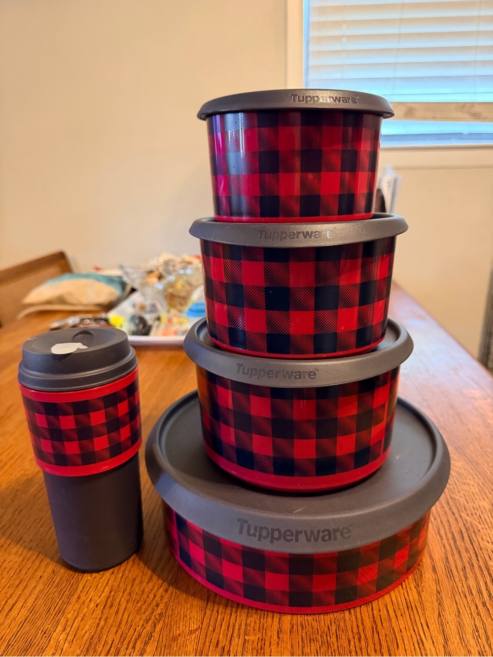 Tupperware Red and Black Buffalo Plaid Nesting Food Container Set with Gray Lids